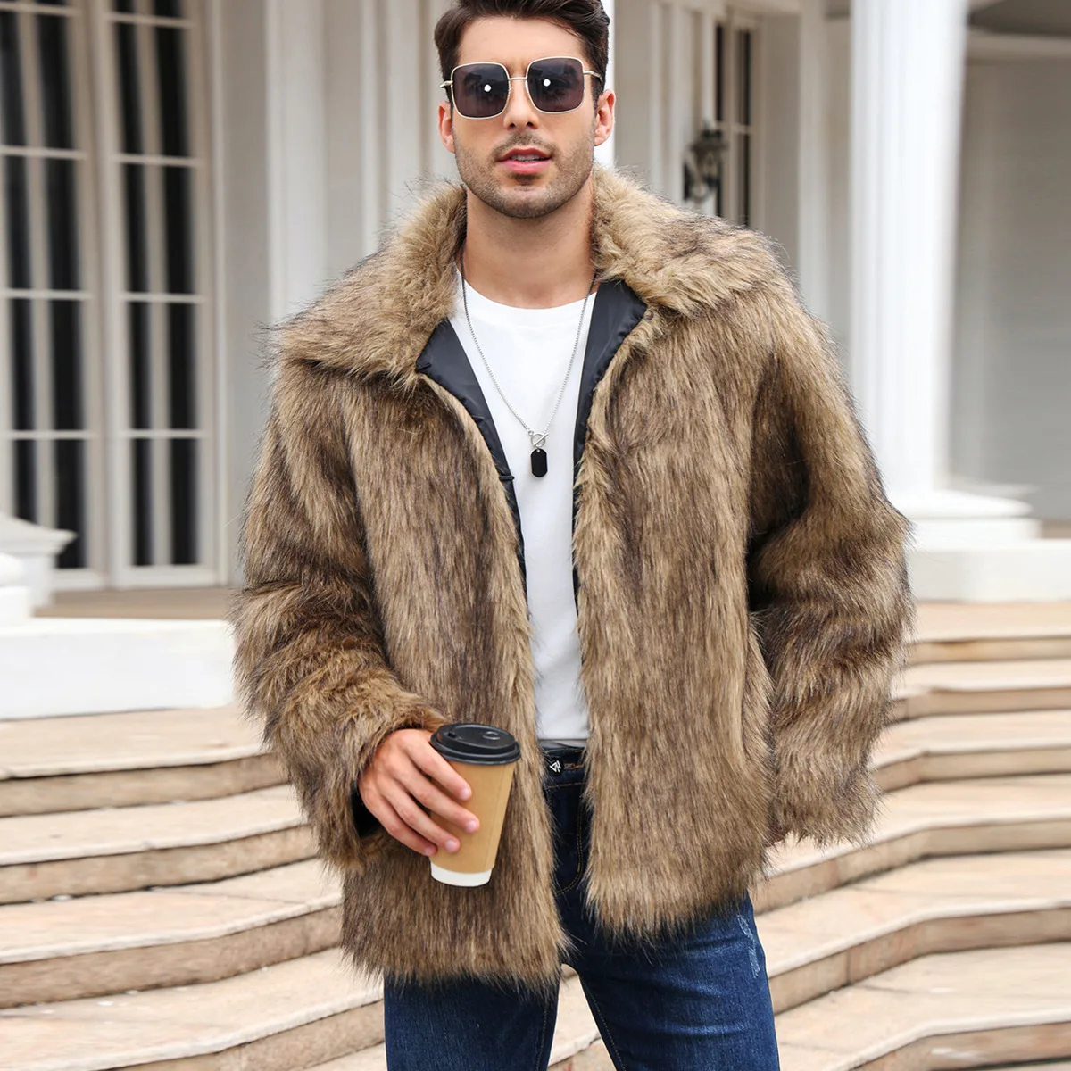 Thermal Long John - Männer Faux Fuchs Pelz Jacke Mantel